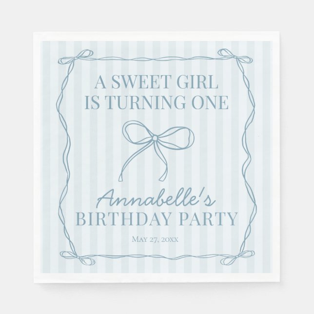 Blue Coquette Bow Pastel Birthday Party Table Deco Napkins (Front)
