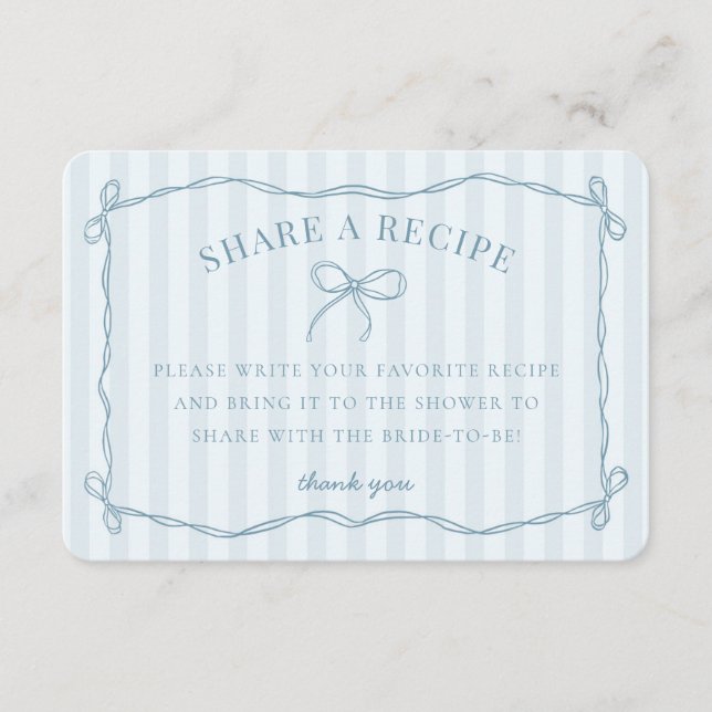 Blue Coquette Bow Pastel Bridal Share A Recipe Enclosure Card (Front)