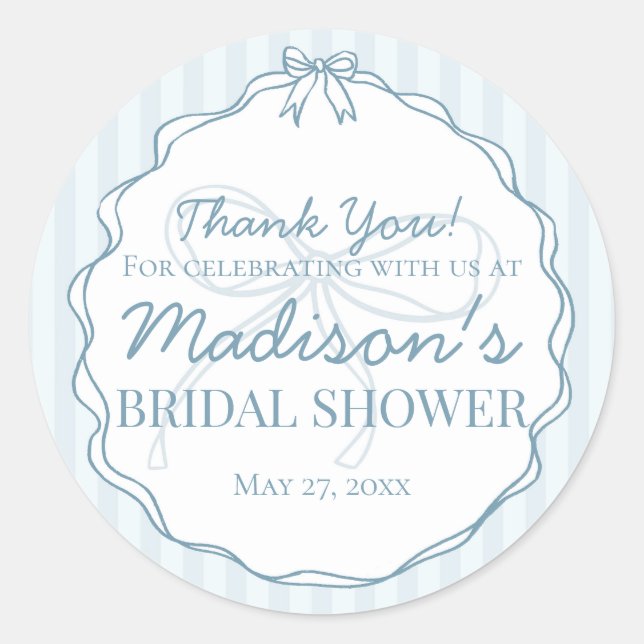 Blue Coquette Bow Pastel Bridal Shower Favor Classic Round Sticker (Front)