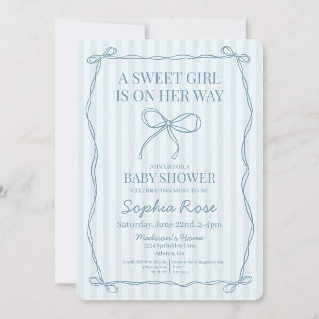 Blue Coquette Bow Pastel Striped Baby Shower Invitation (Front)