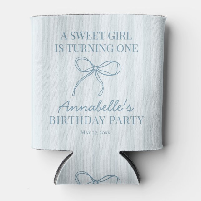 Blue Coquette Bow Pastel Striped Birthday Favor Can Cooler (Front)