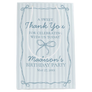 Blue Coquette Bow Pastel Striped Birthday Favor Medium Gift Bag
