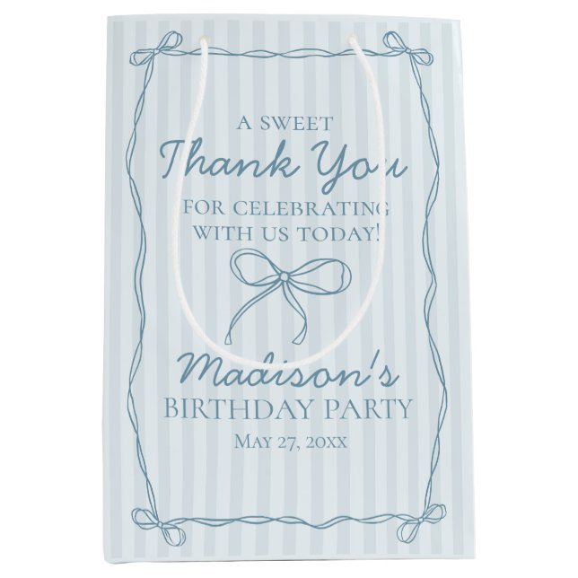 Blue Coquette Bow Pastel Striped Birthday Favor Medium Gift Bag (Front)