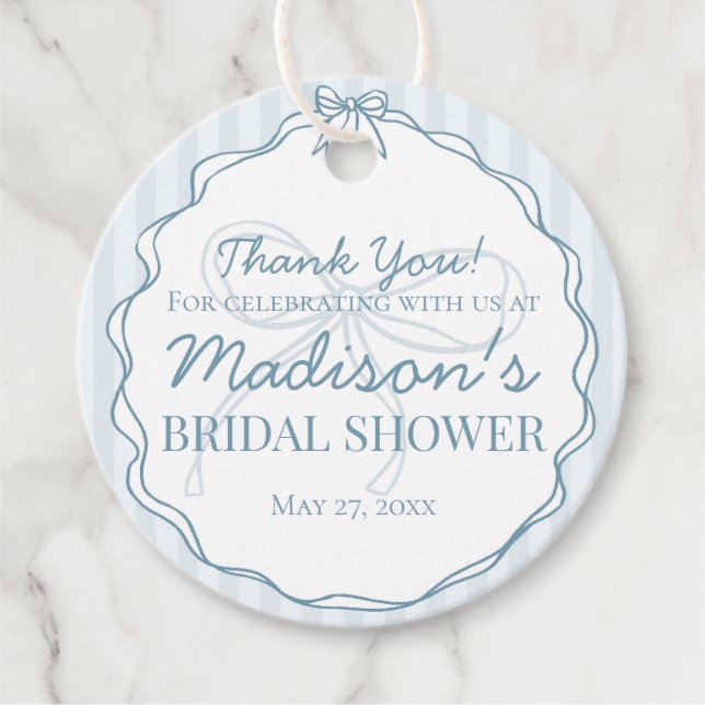 Blue Coquette Bow Pastel Striped Bridal Shower Favor Tags (Front)