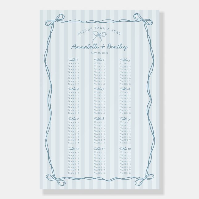 Blue Coquette Bow Pastel Striped Seating Chart Foam Board (Front)