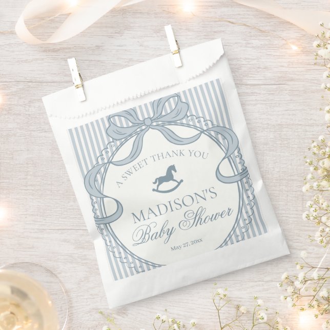 Blue Coquette Bow Rocking Hors Baby Shower Dessert Favor Bag (Clipped)