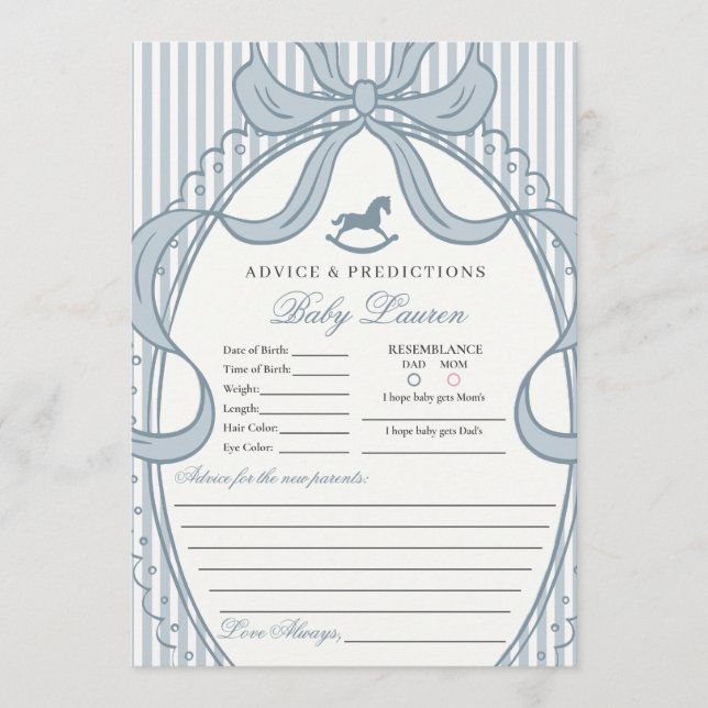 Blue Coquette Bow Rocking Horse Baby Advice Card (Front)