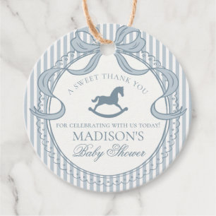 Blue Coquette Bow Rocking Horse Baby Shower Circle Favor Tags