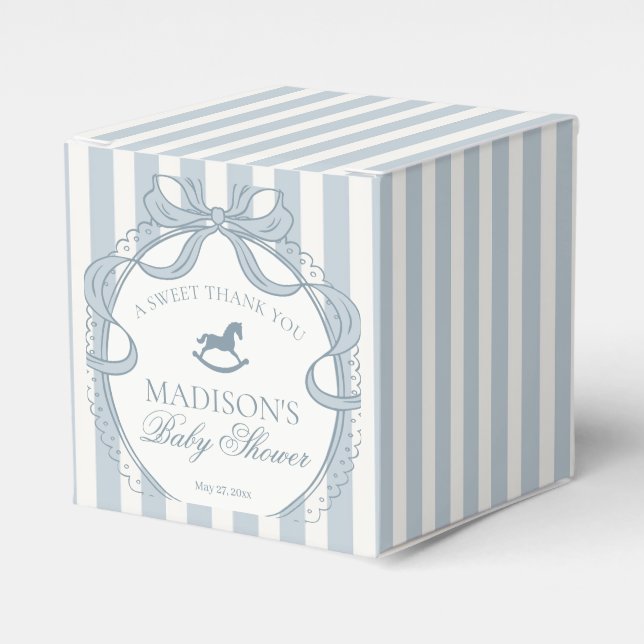 Blue Coquette Bow Rocking Horse Baby Shower Favor Boxes (Front Side)