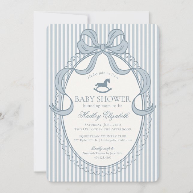 Blue Coquette Bow Rocking Horse Baby Shower Invitation (Front)