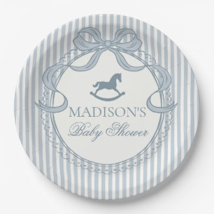 Blue Coquette Bow Rocking Horse Baby Shower Paper Plates