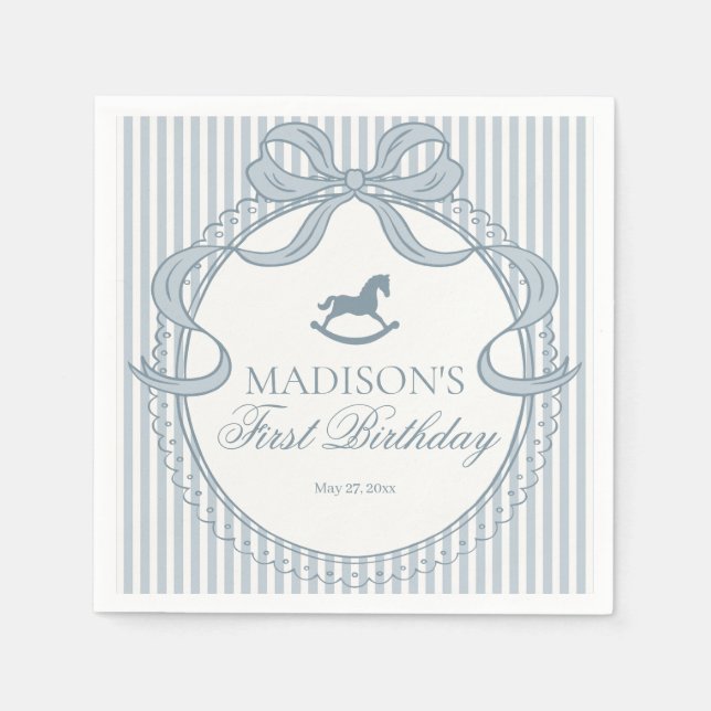 Blue Coquette Bow Rocking Horse Birthday Dessert Napkins (Front)