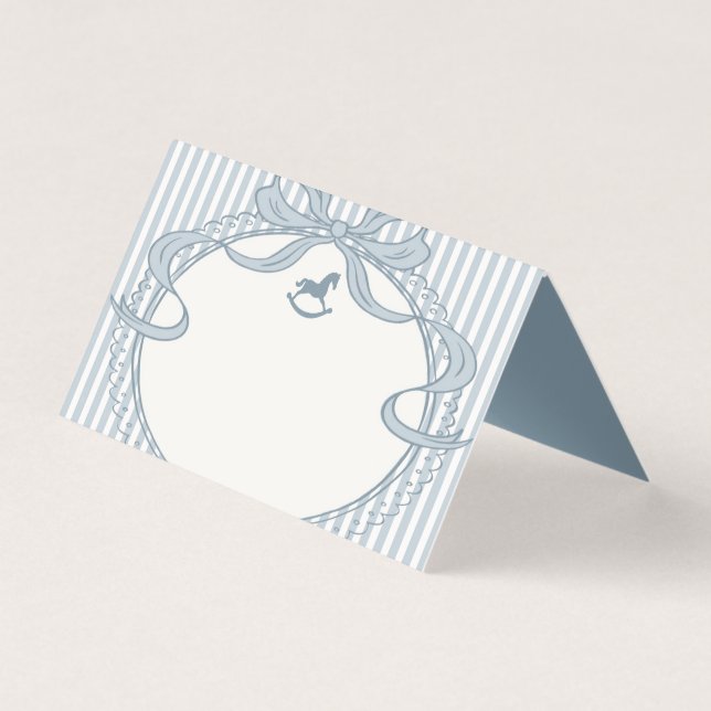 Blue Coquette Bow Rocking Horse Place Card (Front)