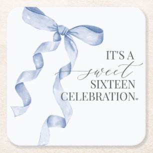 Blue Coquette Bow Sweet 16 Birthday Party Decor Square Paper Coaster