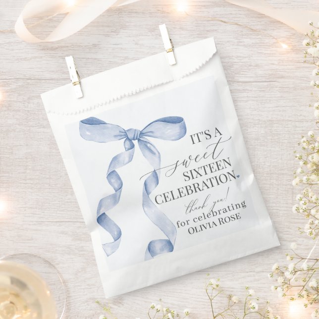 Blue Coquette Bow Sweet 16 Birthday Party Dessert  Favor Bag (Clipped)