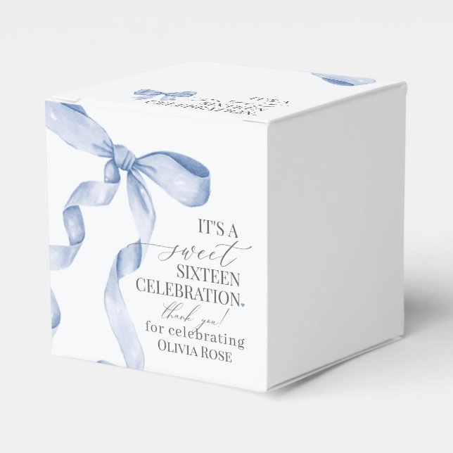 Blue Coquette Bow Sweet 16 Birthday Party Gift Favor Boxes (Front Side)