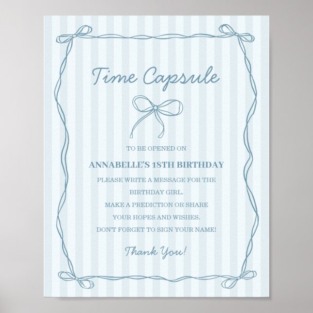 Blue Coquette Bow Time Capsule Birthday Game Poster (Front)