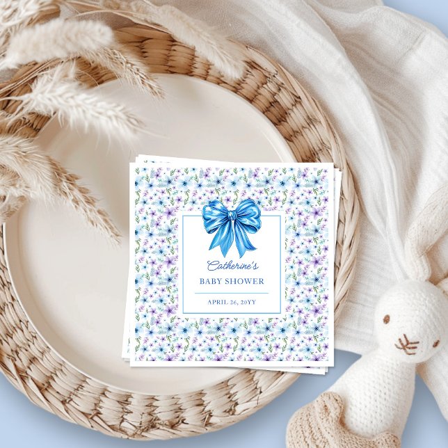 Blue Coquette Bow Wildflower Floral Baby Shower Napkins (Creator Uploaded)