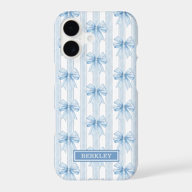 Blue Coquette Bows on Stripes Monogrammed Case-Mate iPhone Case (Back)