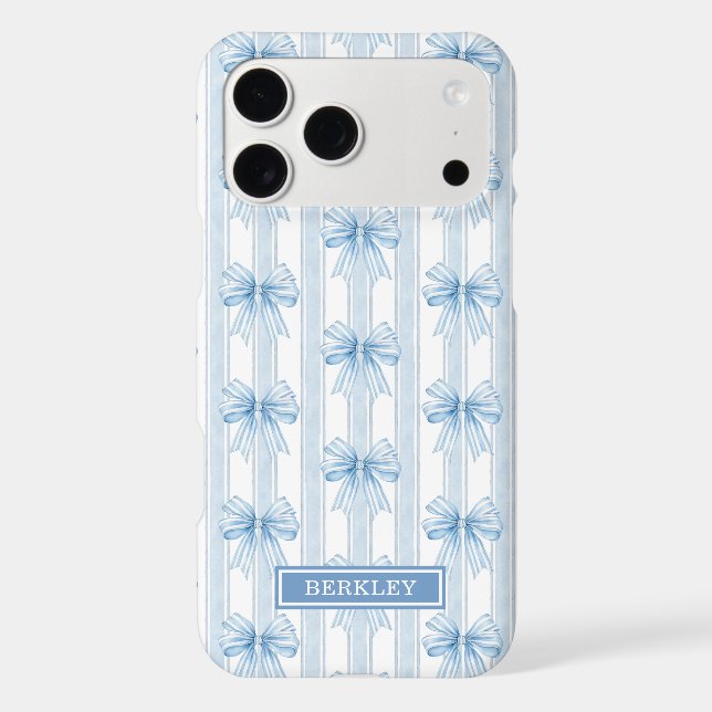 Blue Coquette Bows on Stripes Monogrammed Case-Mate iPhone Case (Back)