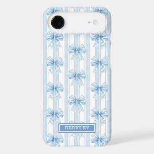 Blue Coquette Bows on Stripes Monogrammed iPhone 17 Air Case