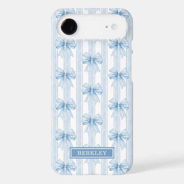 Blue Coquette Bows on Stripes Monogrammed Case-Mate iPhone Case (Back)