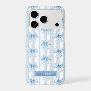 Blue Coquette Bows on Stripes Monogrammed iPhone 17 Pro Case