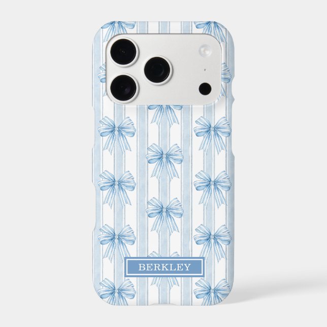 Blue Coquette Bows on Stripes Monogrammed Case-Mate iPhone Case (Back)