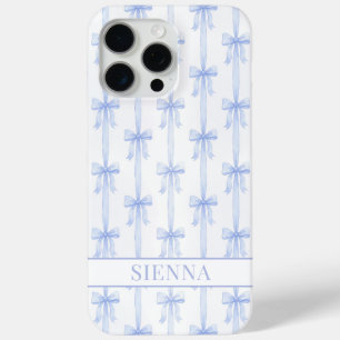 Blue Coquette Bows Striped Monogrammed iPhone 15 Pro Max Case