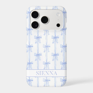 Blue Coquette Bows Striped Monogrammed iPhone 17 Pro Case