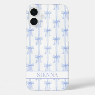Blue Coquette Bows Striped Monogrammed iPhone 16 Plus Case