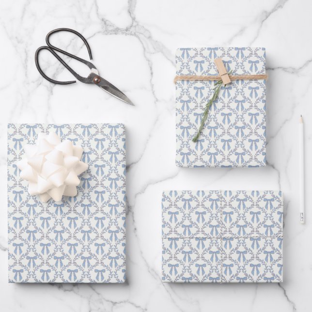 Blue Coquette Bows, Trellis, Preppy  Wrapping Paper Sheets (Front)