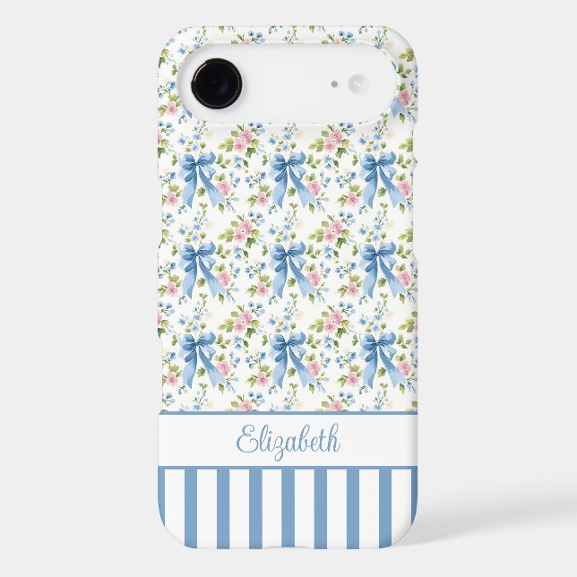 Blue Coquette Bows With Flowers Monogrammed  Case-Mate iPhone Case (Back)