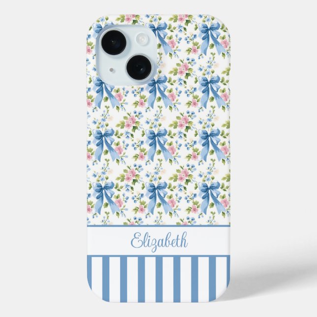 Blue Coquette Bows With Flowers Monogrammed  Case-Mate iPhone Case (Back)