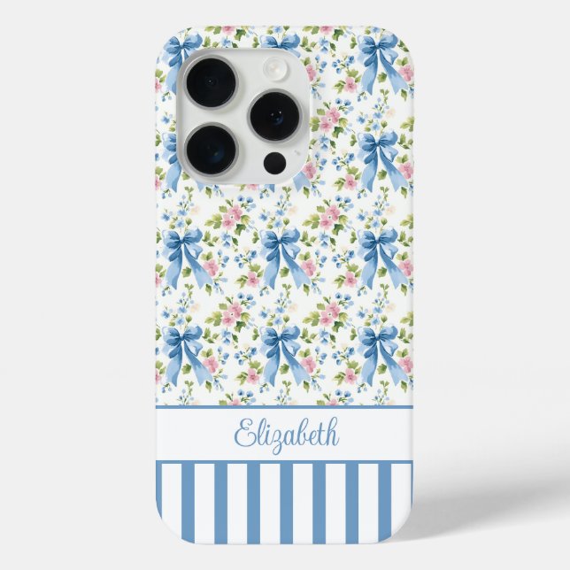 Blue Coquette Bows With Flowers Monogrammed  Case-Mate iPhone Case (Back)