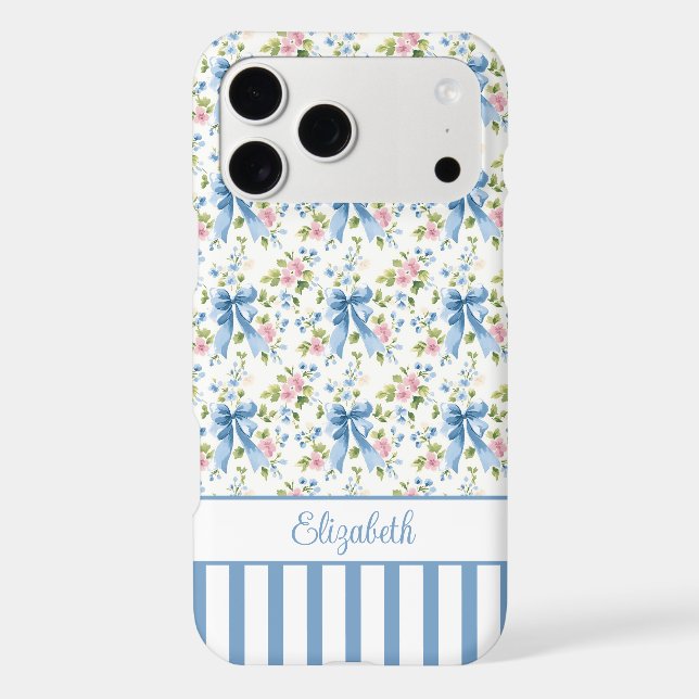 Blue Coquette Bows With Flowers Monogrammed  Case-Mate iPhone Case (Back)
