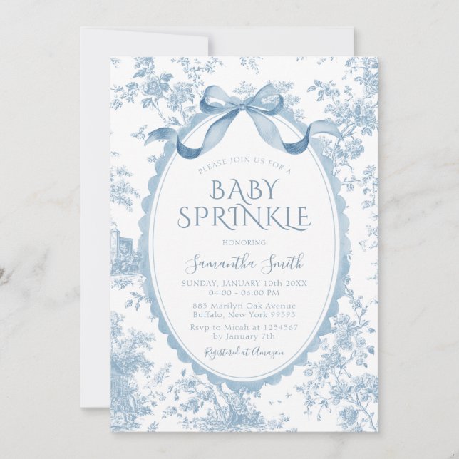 Blue Coquette Chinoiserie Toile Girl Baby Sprinkle Invitation (Front)