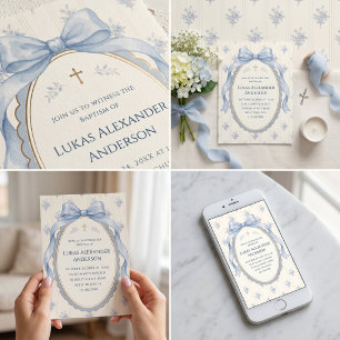 Blue Coquette Floral Ribbon Baptism Invitation