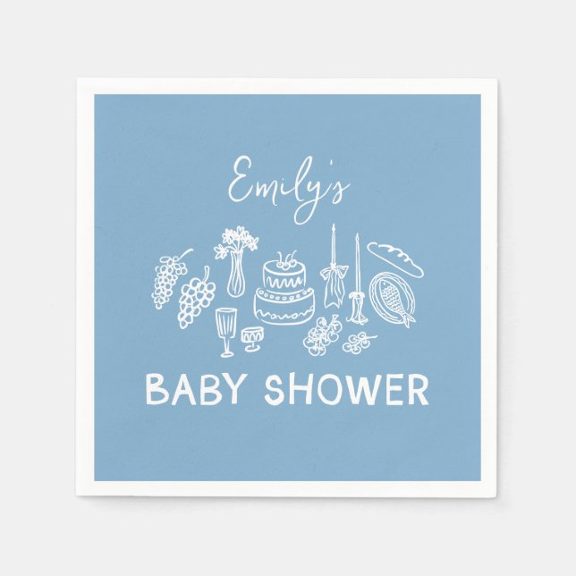 Blue coquette modern hand drawn baby shower napkins (Front)