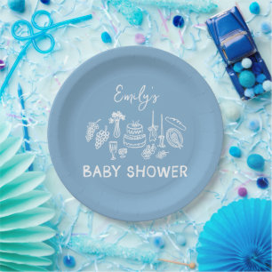 Blue coquette modern hand drawn baby shower paper plates