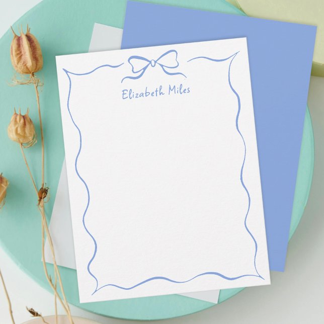 Blue Coquette Ribbon Wavy Border Personalized Note Card (Creator Uploaded)