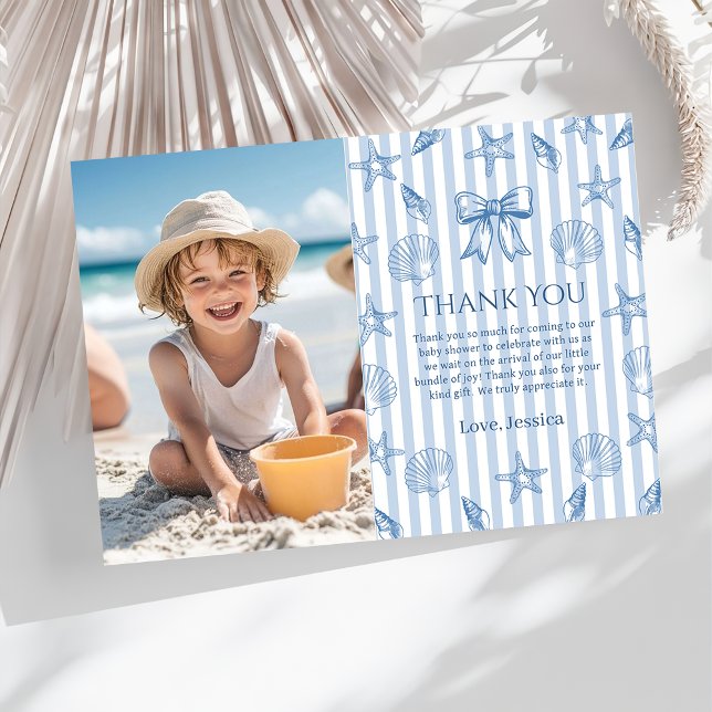 Blue Coquette Seashells Baby Shower Photo Thank You Card (Creator Uploaded)