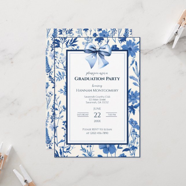 Blue Coquette Toile Bow Graduation Invitation (Front/Back In Situ)