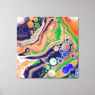 Blue, Coral and Green Pour Painting Fluid Art Canvas Print