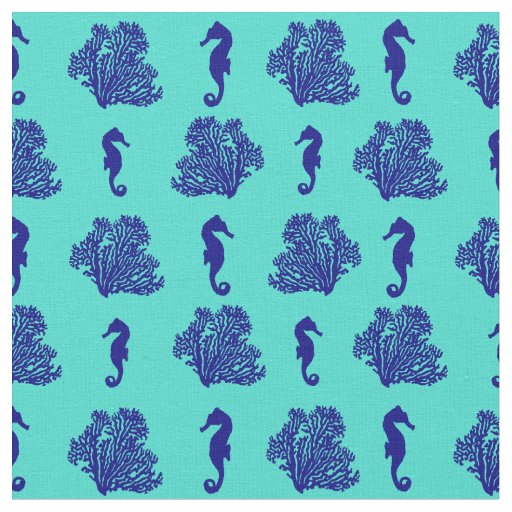 Blue Coral and Seahorses Coastal Beach Fabric
