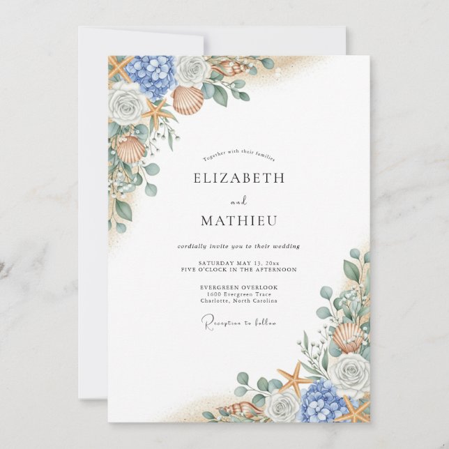 Blue Coral Bloom Flourish Wedding Invitation (Front)