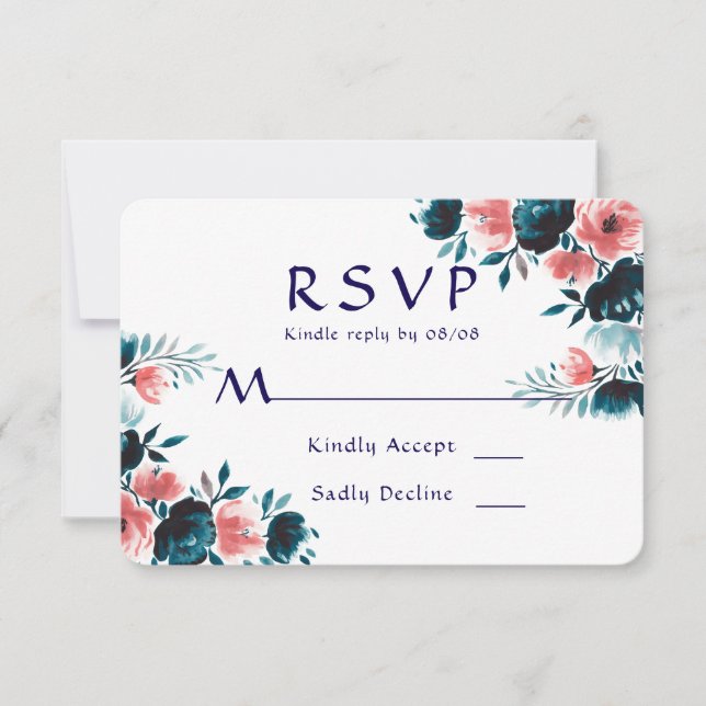 Blue & Coral Bouquet Wedding RSVP Cards (Front)