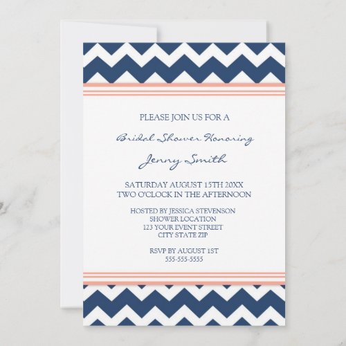Blue Coral Chevron Bridal Shower Invitation Cards