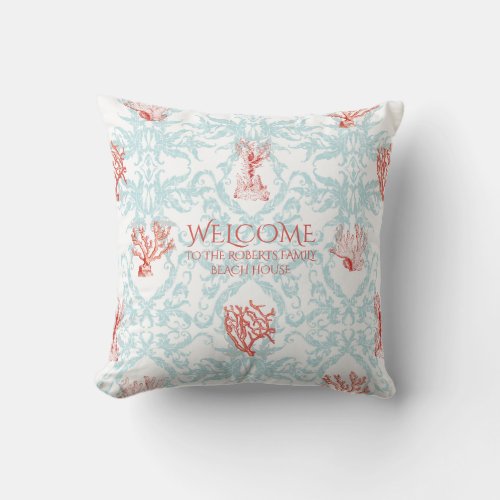 Blue Coral Damask Beach House Welcome Sign Family Throw Pillow
