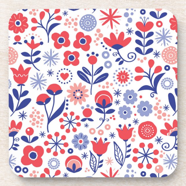 Blue & Coral Floral Pattern Beverage Coaster (Front)